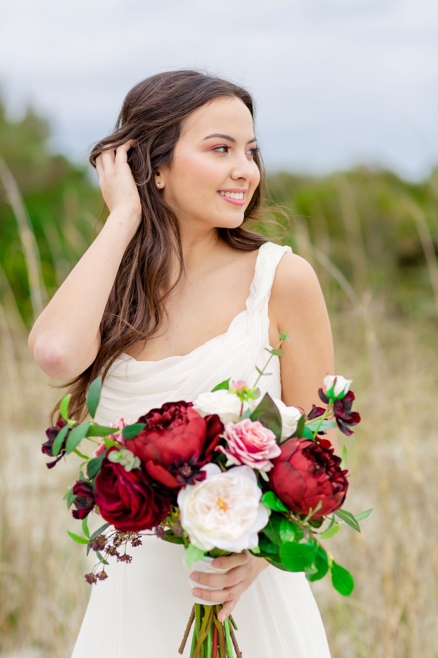 bouquet for burgundy dress Burgundy And White Wedding Bouquet Burgundy Bridesmaid Dress Bride And Bridesmaid