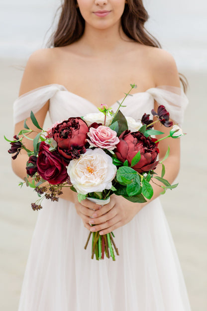 Tuscany Burgundy Pink - Bride Bouquet - With DEEP Burgundy Blooms and Pink